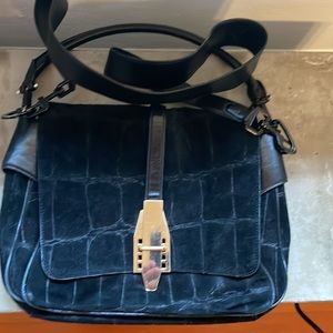 Theysken Theory Black stamped suede satchel with shoulder and arm strap